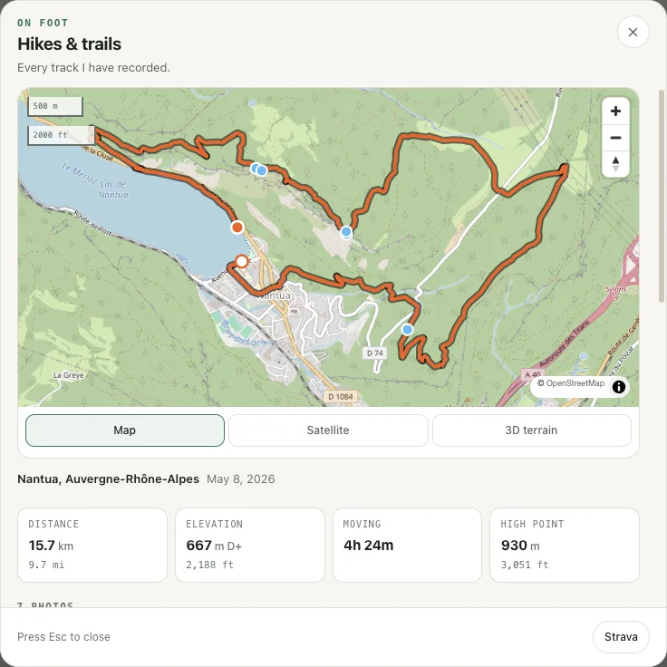 Nantua hiking route drawn on a loaded map with photo markers and map-layer controls.