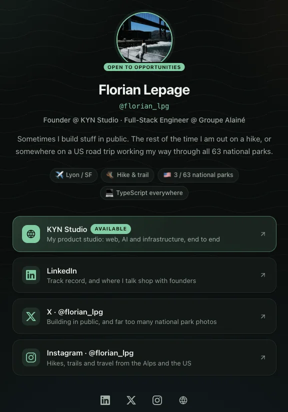 Florian Lepage’s link hub in dark mode.
