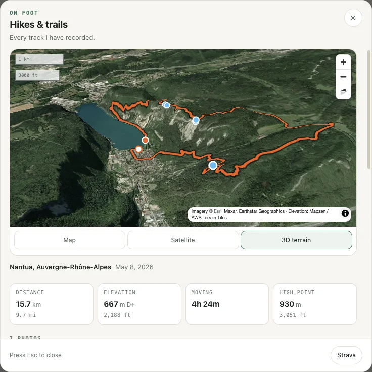Nantua route on a pitched 3D terrain map with satellite imagery.