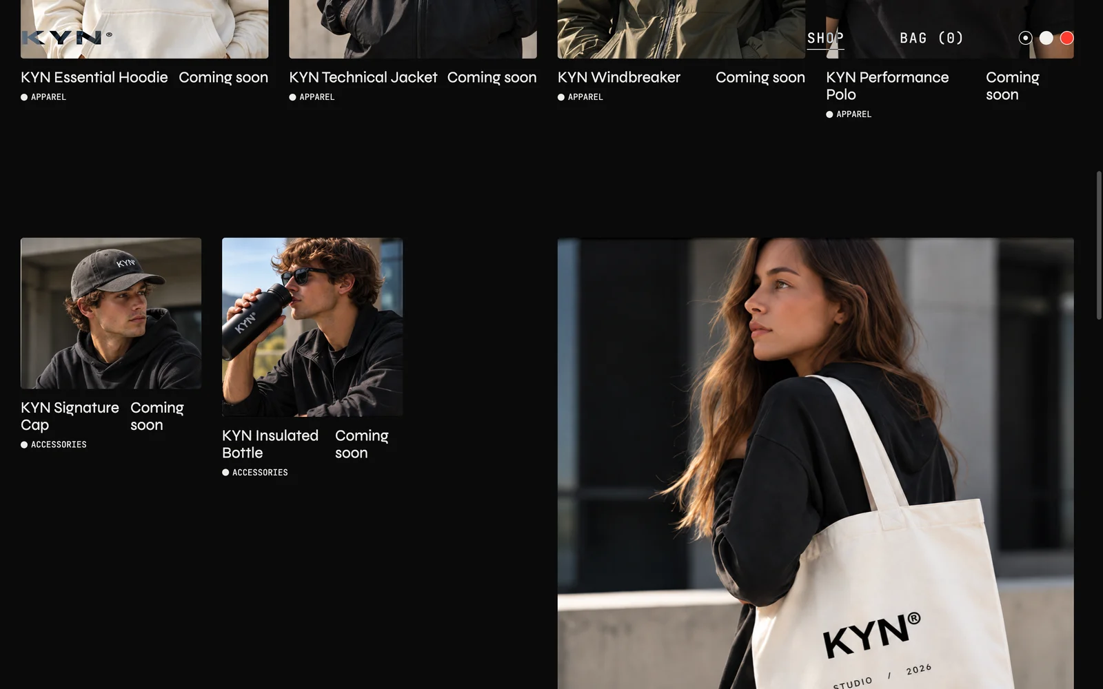 Store catalog showing accessory previews including a cap, bottle, tote and notebook.