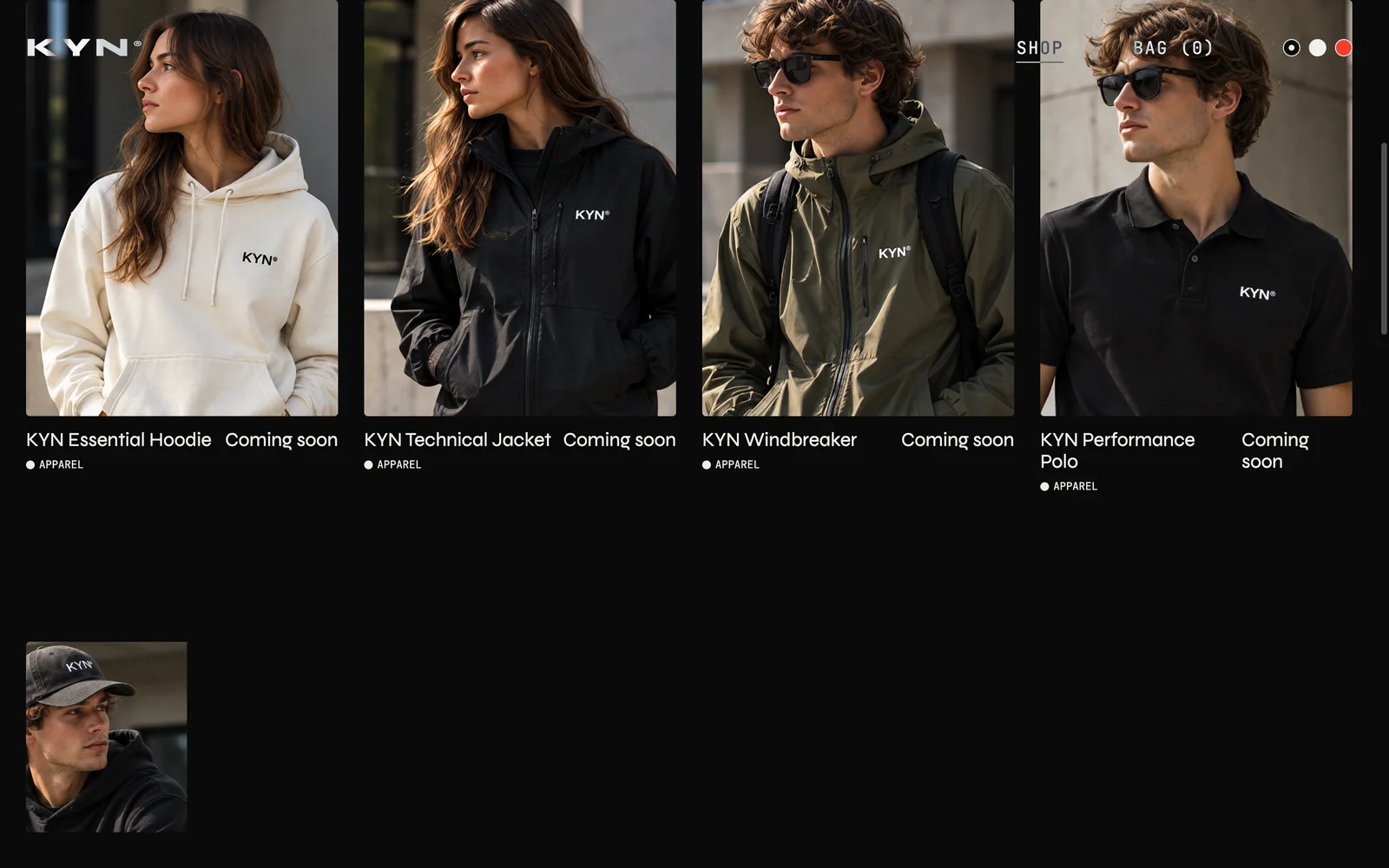 KYN apparel catalog with hoodie, jacket, windbreaker and polo preview cards marked Coming soon.