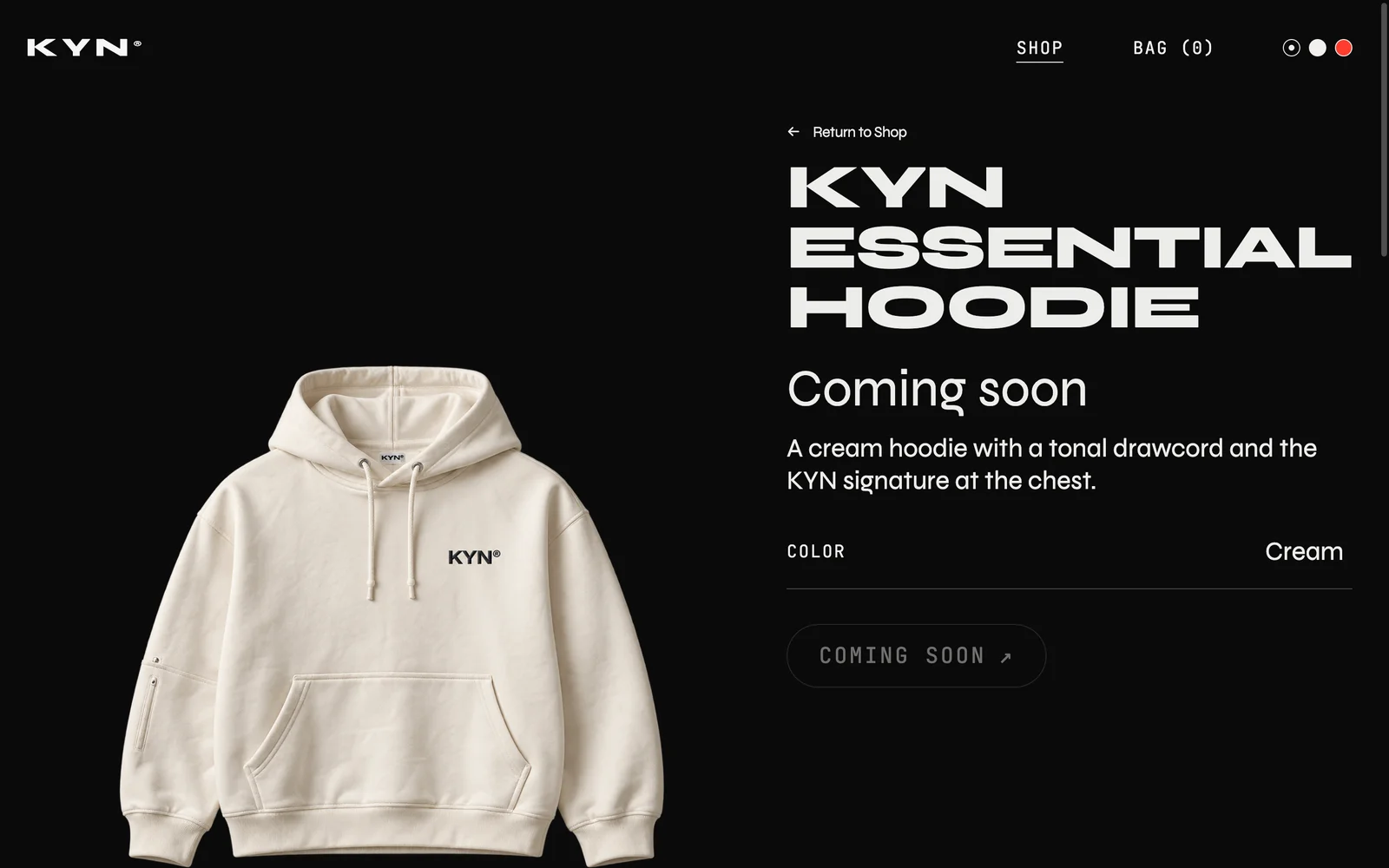 KYN Essential Hoodie detail page showing a cream product visual, description and disabled Coming soon control.