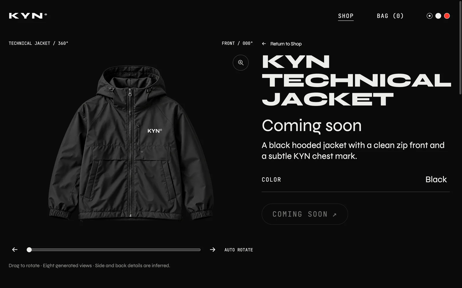 Technical jacket image-sequence viewer at the front angle, with rotation controls and generated-view disclosure.