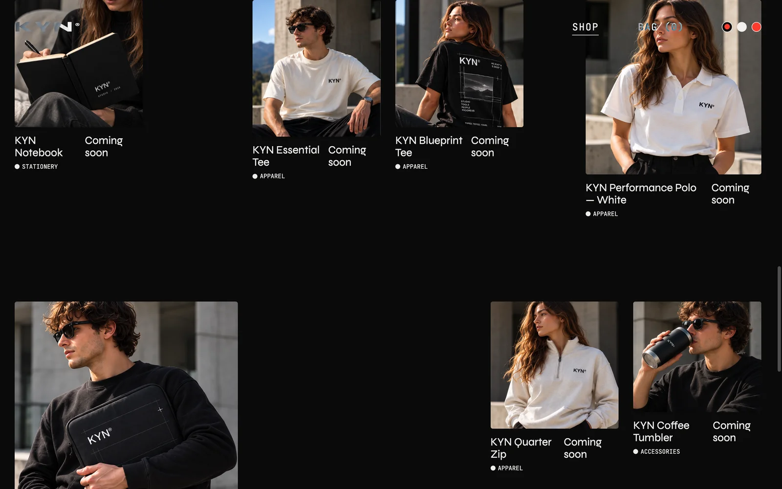 KYN graphic lookbook arrangement of isolated apparel and accessory visuals.