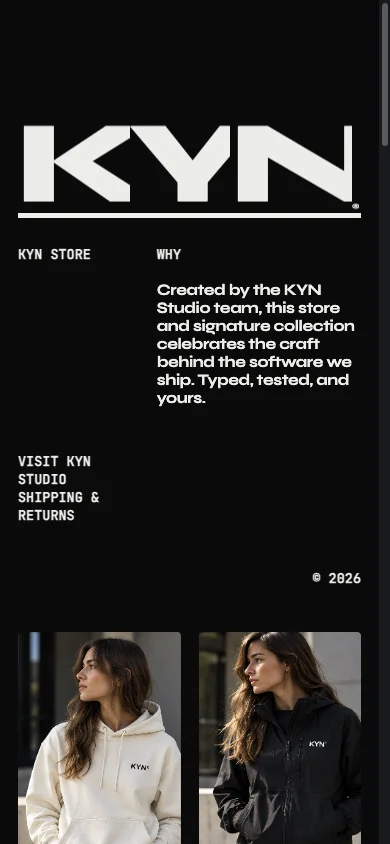 KYN Store homepage in a narrow 390-pixel layout.
