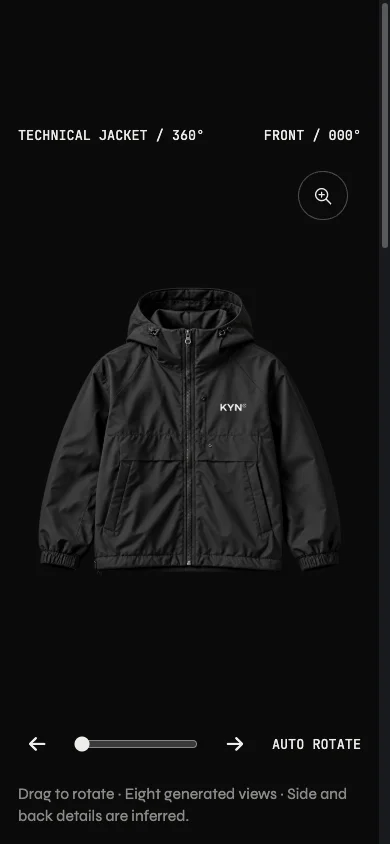 Image-based technical jacket viewer in a 390-pixel narrow layout with its generated-view disclaimer.