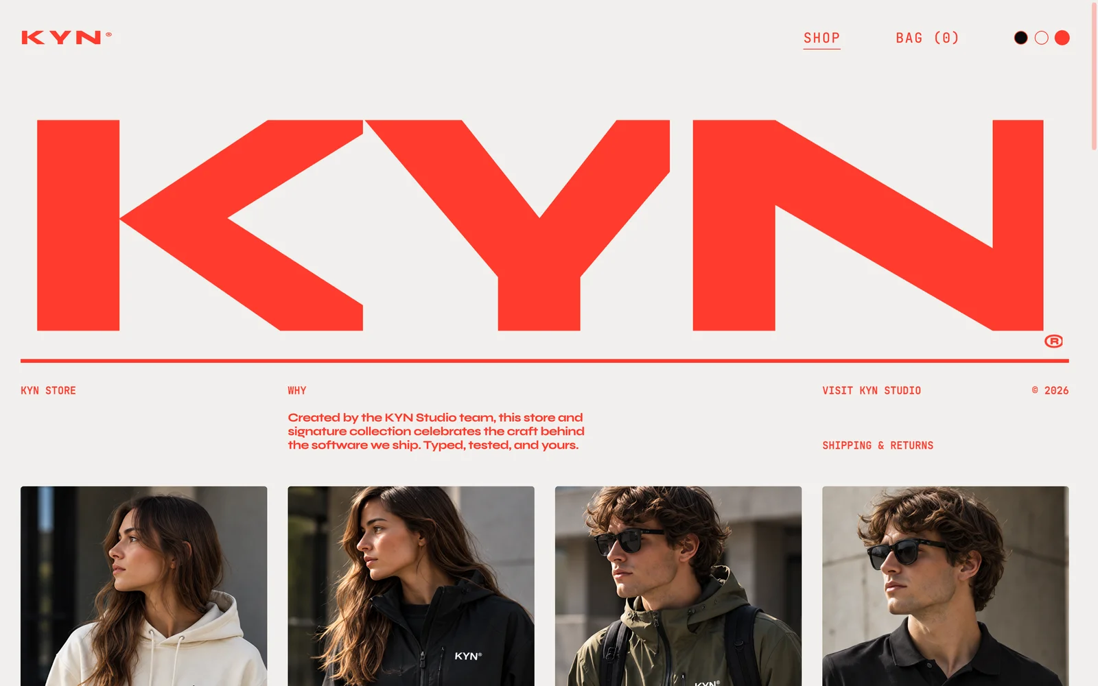 KYN Store desktop homepage in the red theme.