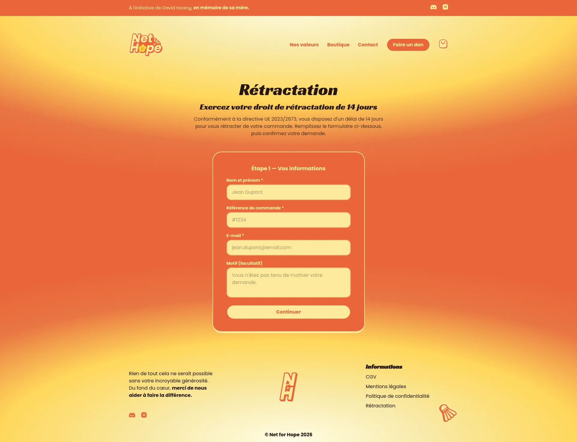Page de droit de rétractation Net For Hope