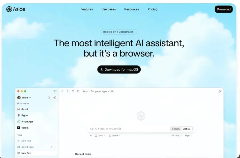 Aside browser homepage with its integrated AI assistant